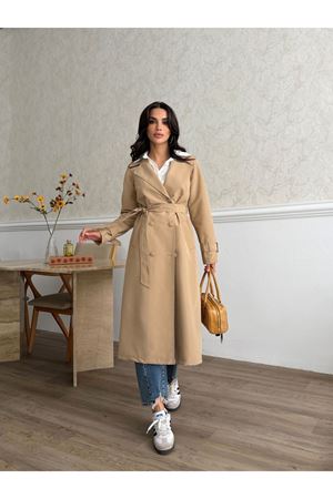 Kadın Klasik Cepli Kuşaklı Trend Midi Taba Trençkot