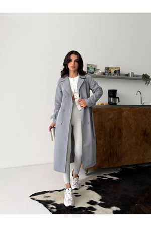 Kadın Klasik Cepli Kuşaklı Trend Midi Gri Trençkot