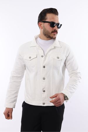 Erkek Trend Polo Yaka Slim Fit Denim Jeans Beyaz Kot Ceket