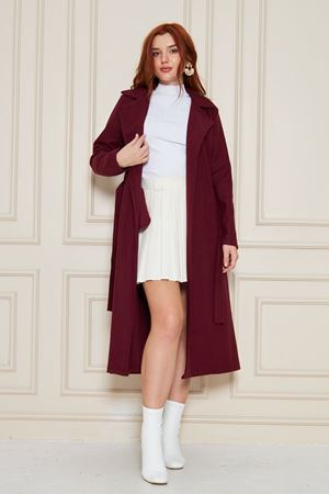 Kadın Astarsız Kuşak Basic Bol Bordo Uzun Kaşe Kaban