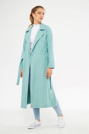 Kadın Astarsız Kuşak Basic Bol Mint Uzun Kaşe Kaban