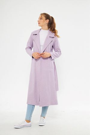 Kadın Astarsız Kuşak Basic Bol Lila Uzun Kaşe Kaban