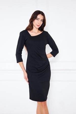 Asimetrik Yaka Belden Pileli Ithal Krep Mini Elbise