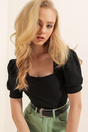 Kadın Örme Kısa Kollu Kare Yaka Basic Siyah Bluz