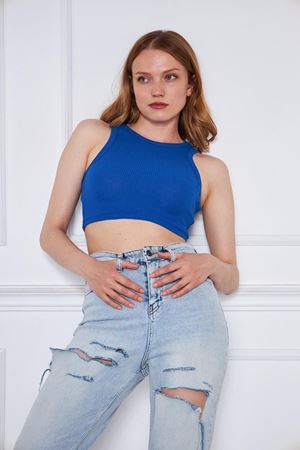 Kadın Crop Top Mavi Basic Bluz