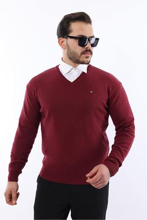 Erkek Trend V Yaka Günlük Bordo Triko Kazak