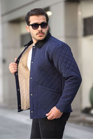 Erkek Kadife Yaka Içi Kürklü Lacivert Kapitone Mont