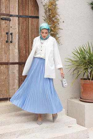 Kadın Basic Yüksek Bel Piliseli Bol BMavi Uzun Etek