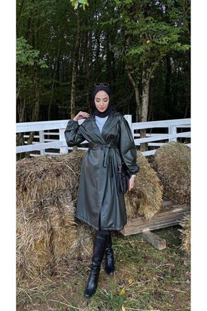 Kadın Belden Bağlamalı Balon Kol Deri Trenç