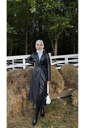 Kadın Belden Bağlamalı Balon Kol Deri Trenç