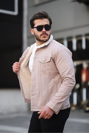 Erkek Trend Kışlık Içi Kürklü Kot Ceket Bej