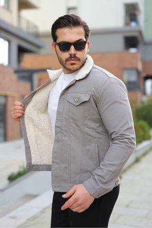 Erkek Trend Kışlık Içi Kürklü Gri Kot Ceket