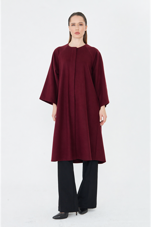 Kadın Trend Oversize Uzun Kol Şık Bordo Kaşe Panço