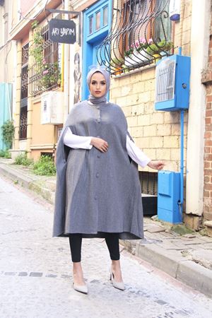Kadın Trend Düğmeli Gri Kaşe Pelerin Panço