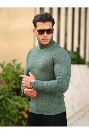 Erkek Desenli Günlük Balıkçı Yaka Zümrüt Triko Kazak