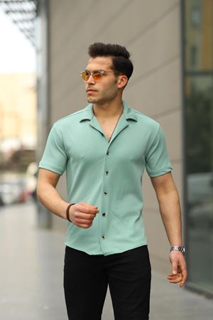 Erkek Yazlık Likralı Slim Fit Gömlek Yaka Kısa Kollu Gömlek