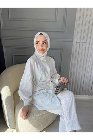 Kadın Jakarlı Bel Kuşaklı Cep Taşlı Alt Üst Takım