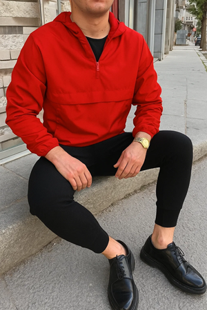 Erkek Fermuarlı Astarsız Kanguru Cep Kırmızı Yağmurluk