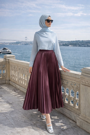 Kadın Premium Pileli Bordo Uzun Tesettür Etek