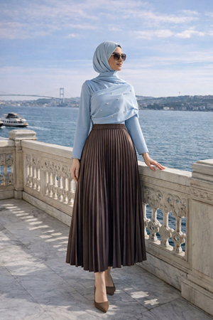 Kadın Premium Pileli K.Kahve Uzun Tesettür Etek