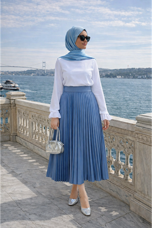 Kadın Premium Pileli İndigo Uzun Tesettür Etek