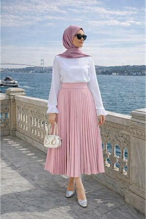 Kadın Premium Pileli T.Pembe Uzun Tesettür Etek