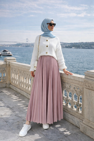 Kadın Premium Pileli Pembe Uzun Tesettür Etek