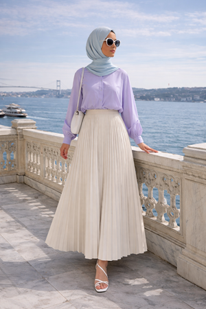 Kadın Premium Pileli Bej Uzun Tesettür Etek