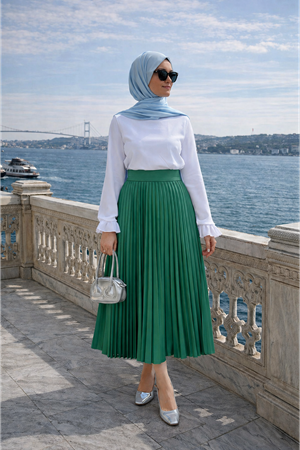 Kadın Premium Pileli Zümrüt Uzun Tesettür Etek