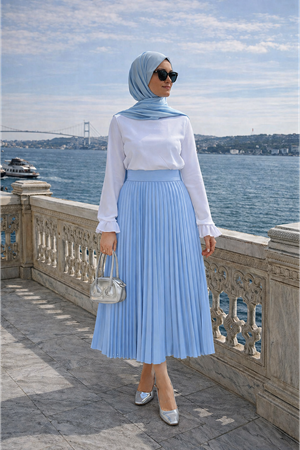 Kadın Premium Pileli B.Mavi Uzun Tesettür Etek