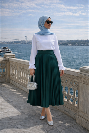 Kadın Premium Pileli Zümrüt Uzun Tesettür Etek
