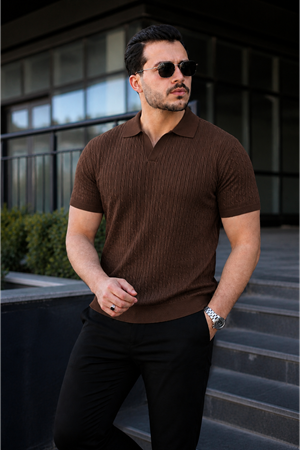 Erkek Günlük Çizgili Kahve Triko Polo Yaka Tişört