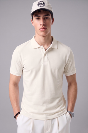 Erkek Günlük Kısa Kollu Basic Ekru Polo Yaka Tişört
