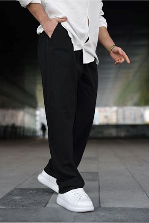 Erkek Trend Basic Bol Paça Siyah Baggy Keten Pantolon