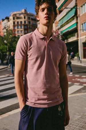 Erkek Basic Sokak Stili Pembe Polo Yaka Tişört