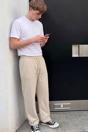Erkek Comfort Fit Bol Paça Krem Baggy Pantolon