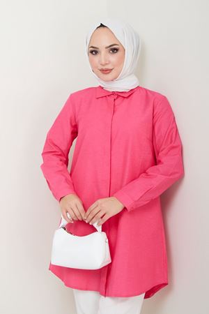 Kadın Uzun Basic Fuşya Polo Yaka Tesettür Gömlek Elbise