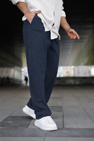 Erkek Trend Basic Bol Paça Lacivert Baggy Keten Pantolon