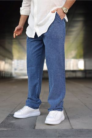 Erkek Trend Basic Bol Paça Mavi Baggy Keten Pantolon