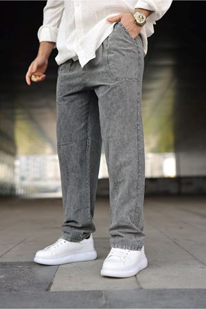 Erkek Trend Basic Bol Paça K.Gri Baggy Keten Pantolon