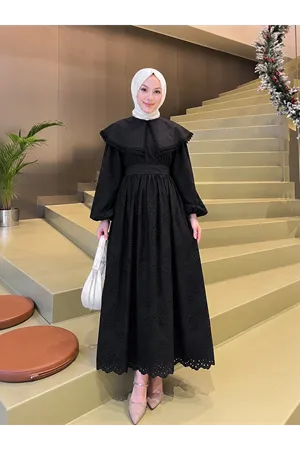 Kadın Fisto Yaka Detaylı Uzun Siyah Tesettür Elbise