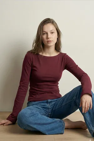 Kadın Basic Kayık Yaka Bordo Uzun Kollu Bluz