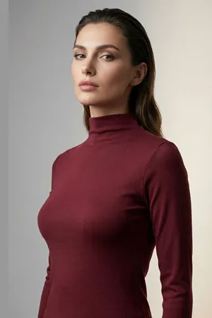 Kadın Boğazlı Dar Premium Bordo Uzun Kollu Bluz