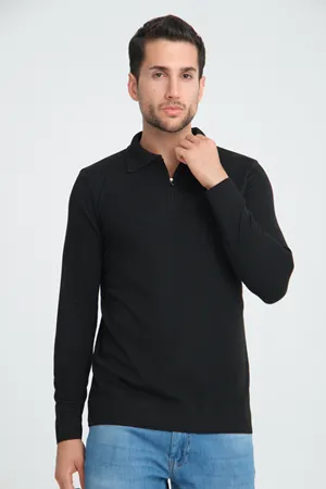 Erkek Triko Yarım Fermuarlı Siyah Polo Yaka T-shirt