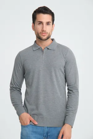 Erkek Triko Yarım Fermuarlı Gri Polo Yaka T-shirt
