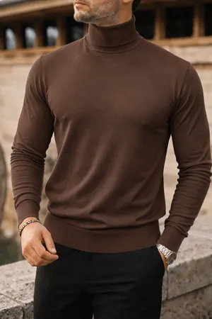 Erkek Trend Kışlık Boğazlı Kahve Triko Kazak