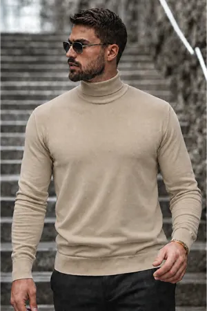 Erkek Kışlık Basic Uzun Boğazlı Krem Kazak