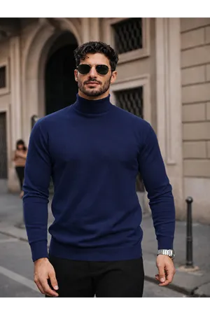Erkek Kışlık Basic Slim Fit Uzun K.Lacivert Kazak