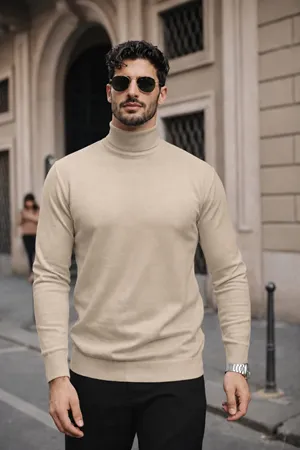 Erkek Kışlık Basic Slim Fit Uzun Krem Kazak