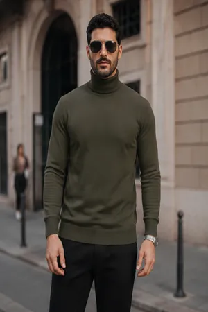 Erkek Kışlık Basic Slim Fit Uzun Haki Kazak